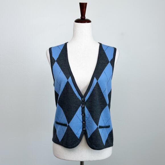 Talbots 100% Merino Wool Blue Argyle Knit Sweater Vest - Picture 1 of 7